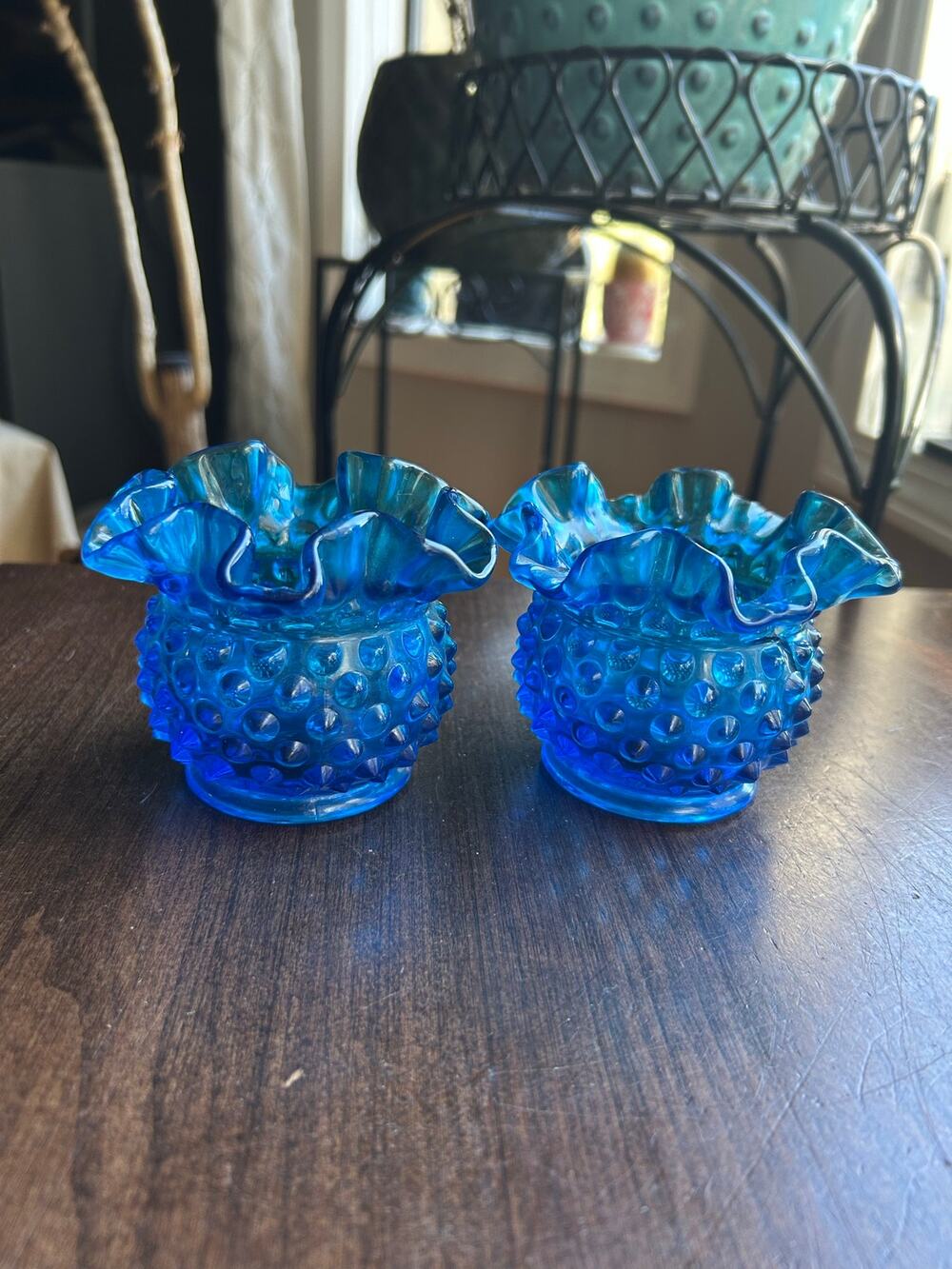 2 vintage Fenton art glass small vase rose bowl  colonial blue ruffle hobnail